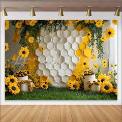 Lofaris Photography Backdrop White Honeycomb Wall Sunflower Floral Cake Smash Decor