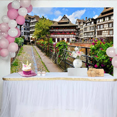 Lofaris Picturesque European Town Photography Backdrop with Canal and Colorful Flowers Scenic Village Background for Studio Photoshoot