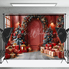 Lofaris Pine Leaves Arch Retro Red Room Christmas Backdrop