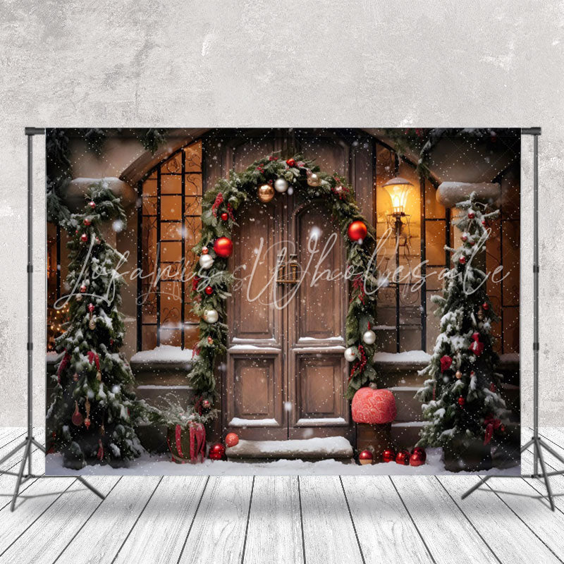 Lofaris Pine Leaves Bells Retro Wood Door Christmas Backdrop