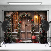 Lofaris Pine Leaves Bells Retro Wood Door Christmas Backdrop