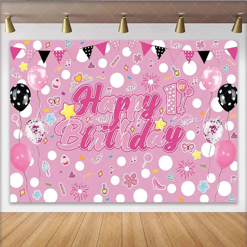 Lofaris Pink 1st Birthday Girl Photography Backdrop with Balloons and Confetti Happy Birthday Party Decor for Photoshoot