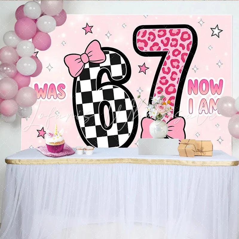 Lofaris Pink 7th Birthday Backdrop with Checkerboard and Leopard Print Cute Party Background for Girls Photoshoot and Celebration