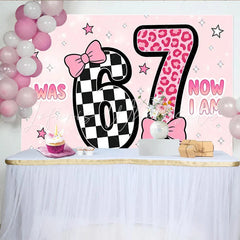 Lofaris Pink 7th Birthday Backdrop with Checkerboard and Leopard Print Cute Party Background for Girls Photoshoot and Celebration