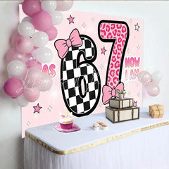 Lofaris Pink 7th Birthday Backdrop with Checkerboard and Leopard Print Cute Party Background for Girls Photoshoot and Celebration