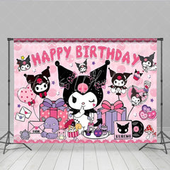 Lofaris Pink and Black Kuromi Themed Happy Birthday Backdrop Gothic Cartoon Bunny Cute Sanrio Inspired Party Decor for Girls