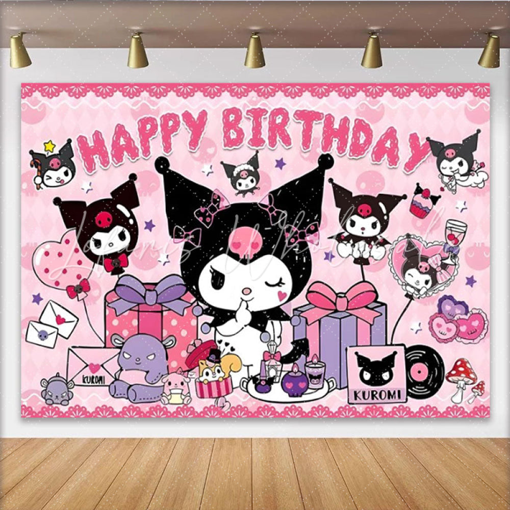 Lofaris Pink and Black Kuromi Themed Happy Birthday Backdrop Gothic Cartoon Bunny Cute Sanrio Inspired Party Decor for Girls