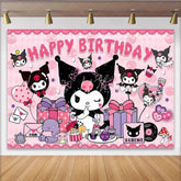 Lofaris Pink and Black Kuromi Themed Happy Birthday Backdrop Gothic Cartoon Bunny Cute Sanrio Inspired Party Decor for Girls