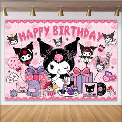 Lofaris Pink and Black Kuromi Themed Happy Birthday Backdrop Gothic Cartoon Bunny Cute Sanrio Inspired Party Decor for Girls