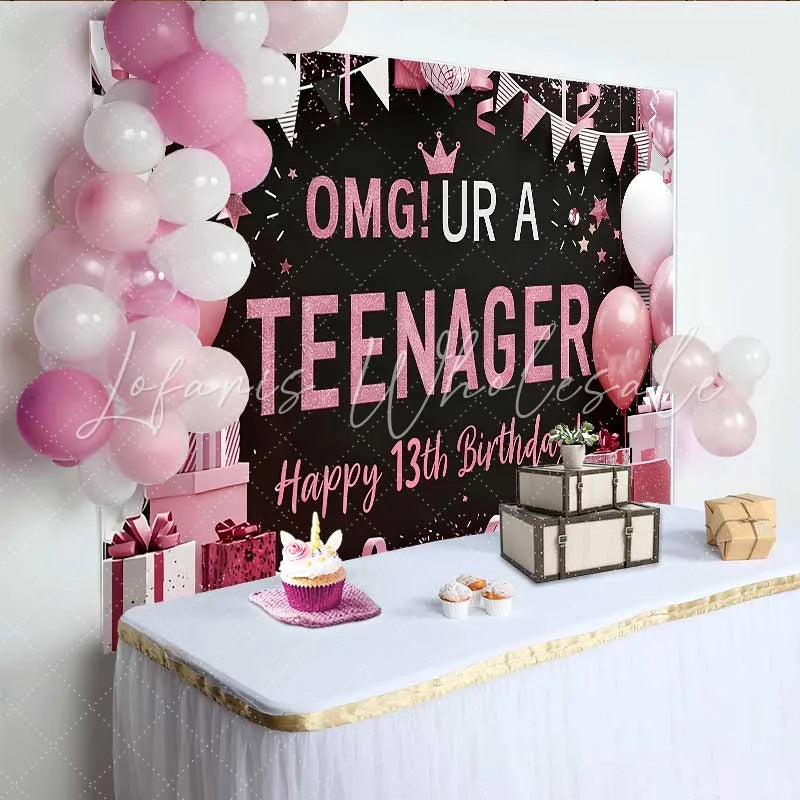 Lofaris Pink and Black OMG UR A TEENAGER Backdrop 13th Birthday Milestone Party Decoration