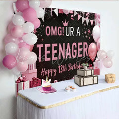 Lofaris Pink and Black OMG UR A TEENAGER Backdrop 13th Birthday Milestone Party Decoration