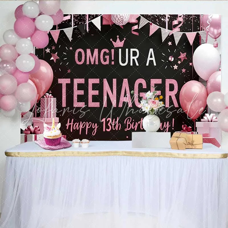 Lofaris Pink and Black OMG UR A TEENAGER Backdrop 13th Birthday Milestone Party Decoration