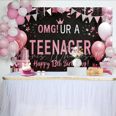 Lofaris Pink and Black OMG UR A TEENAGER Backdrop 13th Birthday Milestone Party Decoration