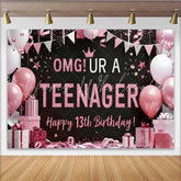 Lofaris Pink and Black OMG UR A TEENAGER Backdrop 13th Birthday Milestone Party Decoration