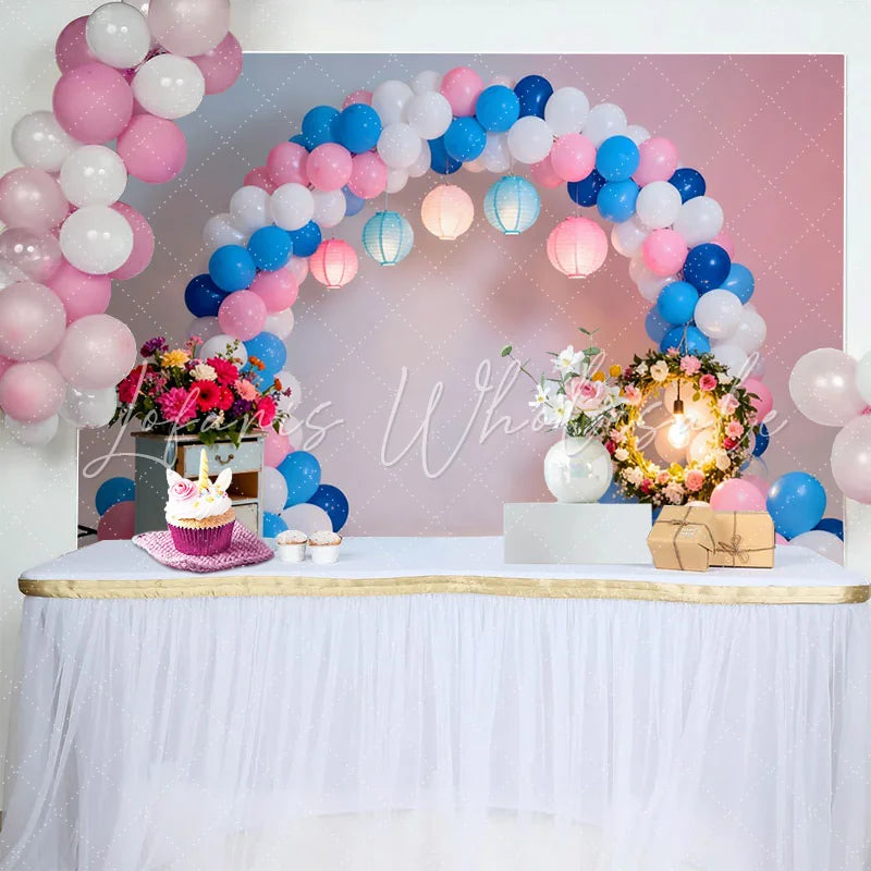Lofaris Pink and Blue Balloon Arch Birthday Cake Smash Backdrop Floral Wreath and Lanterns Party Background