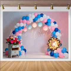 Lofaris Pink and Blue Balloon Arch Birthday Cake Smash Backdrop Floral Wreath and Lanterns Party Background