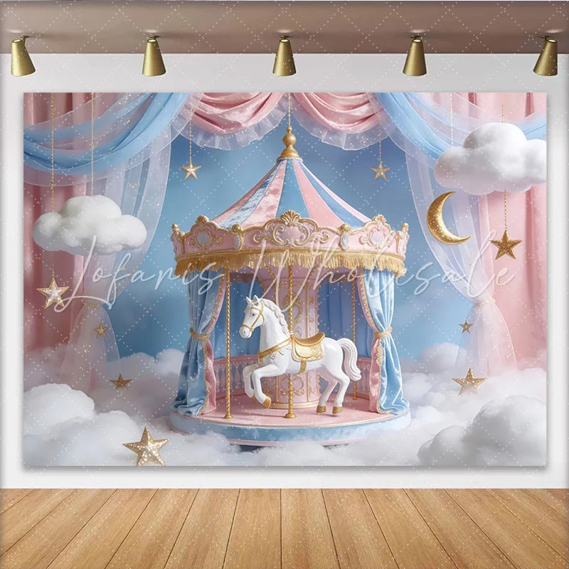 Lofaris Pink and Blue Carousel Photography Backdrop with White Horse Dreamy Studio Background for Baby Shower or Birthday Party.