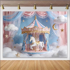 Lofaris Pink and Blue Carousel Photography Backdrop with White Horse Dreamy Studio Background for Baby Shower or Birthday Party.