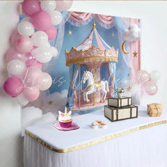 Lofaris Pink and Blue Carousel Photography Backdrop with White Horse Dreamy Studio Background for Baby Shower or Birthday Party.
