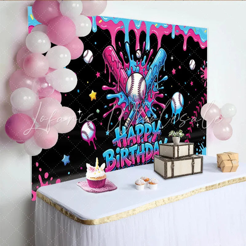 Lofaris Pink and Blue Dripping Paint Baseball Birthday Backdrop Vibrant Sports Theme Background for Kids Party Photography