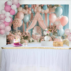 Lofaris Pink and Blue Floral Balloon Baby Shower Backdrop with Drapes and Chair Dreamy Photography Background for Gender Reveal Party