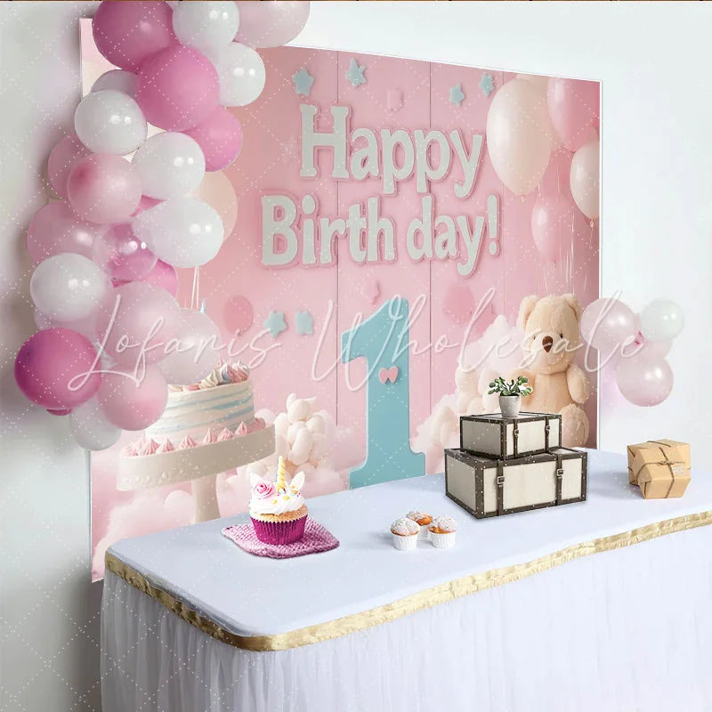 Lofaris Pink and Blue Happy 1st Birthday Party Backdrop with Balloons and Cake Teddy Bear Baby Girl Decor