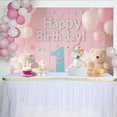 Lofaris Pink and Blue Happy 1st Birthday Party Backdrop with Balloons and Cake Teddy Bear Baby Girl Decor