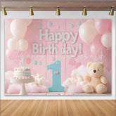 Lofaris Pink and Blue Happy 1st Birthday Party Backdrop with Balloons and Cake Teddy Bear Baby Girl Decor