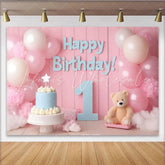 Lofaris Pink and Blue Happy Birthday 1st Party Backdrop with Balloons Cake and Teddy Bear Baby Shower Decor