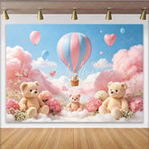 Lofaris Pink and Blue Teddy Bear Hot Air Balloon Baby Shower Backdrop Dreamy Cloud Sky Photography Background for Newborn Party
