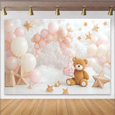 Lofaris Pink and Cream Teddy Bear Baby Shower Backdrop with Balloons and Stars Dreamy Cloud Photography Background for Newborn Photoshoot