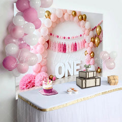 Lofaris Pink and Gold Balloon Arch Birthday Cake Smash Backdrop ONE Sign and Tassel Garland Background