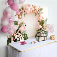 Lofaris Pink and Gold Balloon Arch Flamingo Tropical Birthday Backdrop Lush Greenery and Roses Party Background for Girls Photoshoot