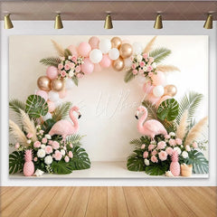 Lofaris Pink and Gold Balloon Arch Flamingo Tropical Birthday Backdrop Lush Greenery and Roses Party Background for Girls Photoshoot