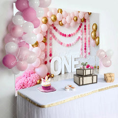 Lofaris Pink and Gold Balloon Birthday Cake Smash Backdrop ONE Sign and Pom Pom Garland Background