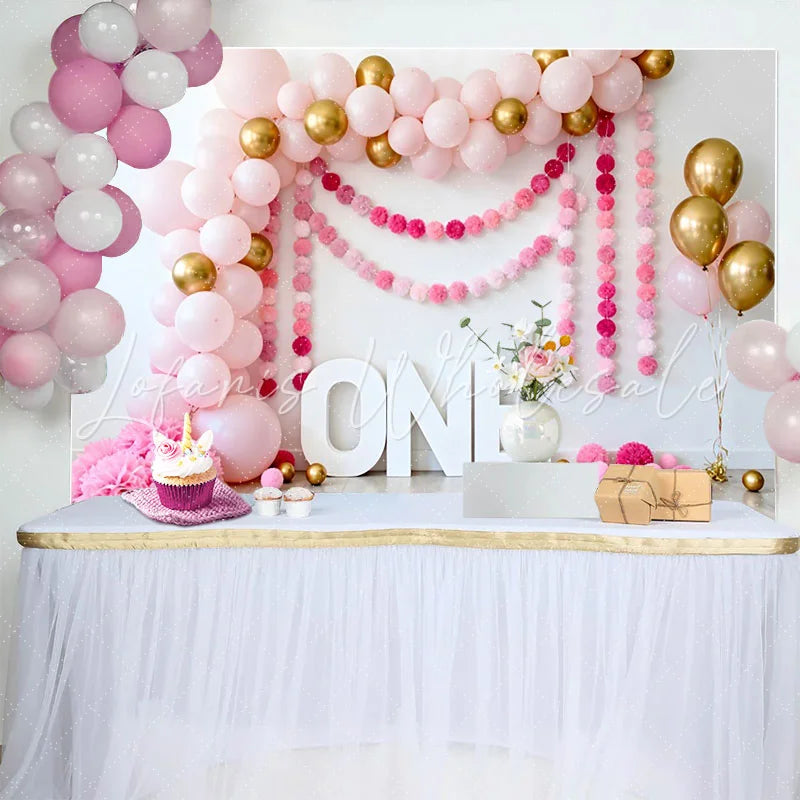 Lofaris Pink and Gold Balloon Birthday Cake Smash Backdrop ONE Sign and Pom Pom Garland Background
