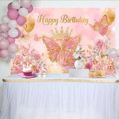 Lofaris Pink and Gold Butterfly Birthday Backdrop Princess Crown Cake Smashed Background Floral Party Decoration