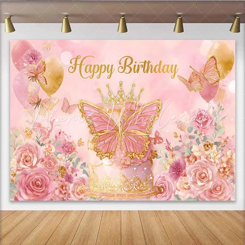Lofaris Pink and Gold Butterfly Birthday Backdrop Princess Crown Cake Smashed Background Floral Party Decoration
