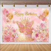 Lofaris Pink and Gold Butterfly Birthday Backdrop Princess Crown Cake Smashed Background Floral Party Decoration