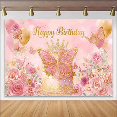 Lofaris Pink and Gold Butterfly Birthday Backdrop Princess Crown Cake Smashed Background Floral Party Decoration