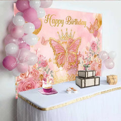 Lofaris Pink and Gold Butterfly Birthday Backdrop Princess Crown Cake Smashed Background Floral Party Decoration