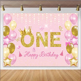 Lofaris Pink and Gold First Birthday Backdrop Glitter ONE with Crown and Balloon Party Background for Girls