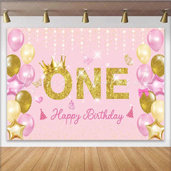 Lofaris Pink and Gold First Birthday Backdrop Glitter ONE with Crown and Balloon Party Background for Girls