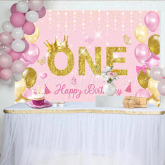 Lofaris Pink and Gold First Birthday Backdrop Glitter ONE with Crown and Balloon Party Background for Girls