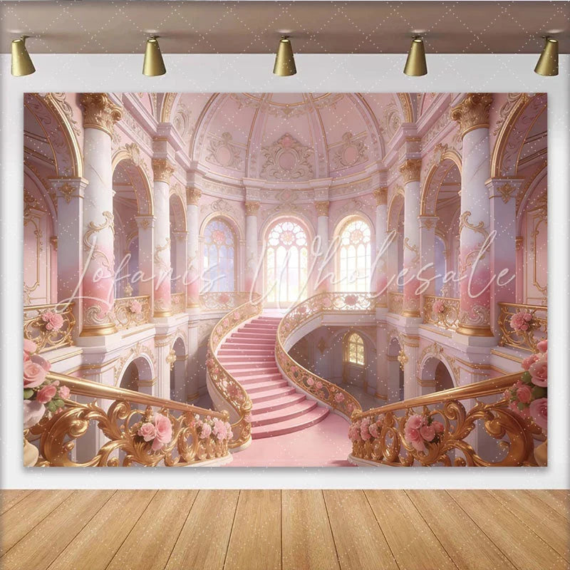 Lofaris Pink and Gold Grand Staircase Photography Backdrop with Roses Elegant Palace Background for Princess Party or Wedding Photoshoot.