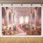 Lofaris Pink and Gold Grand Staircase Photography Backdrop with Roses Elegant Palace Background for Princess Party or Wedding Photoshoot.