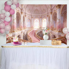 Lofaris Pink and Gold Grand Staircase Photography Backdrop with Roses Elegant Palace Background for Princess Party or Wedding Photoshoot.