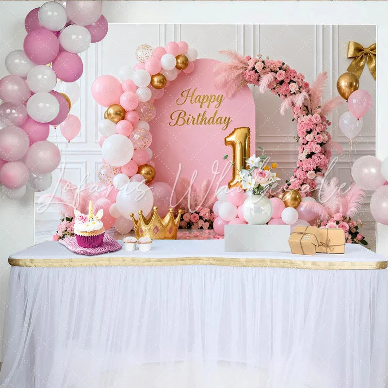 Lofaris Pink and Gold Happy 1st Birthday Party Backdrop Elegant Floral and Balloon Arch Princess Celebration Decor
