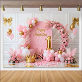 Lofaris Pink and Gold Happy 1st Birthday Party Backdrop Elegant Floral and Balloon Arch Princess Celebration Decor
