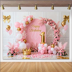 Lofaris Pink and Gold Happy 1st Birthday Party Backdrop Elegant Floral and Balloon Arch Princess Celebration Decor